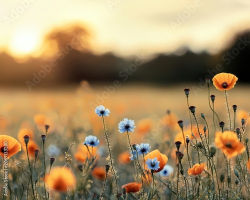 Breezy field with orange poppies, blue cornflowers, and sunlit grasses