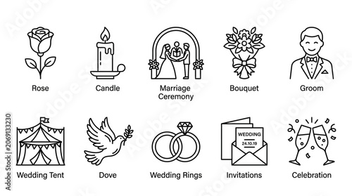 Groom with wedding ceremony icons.