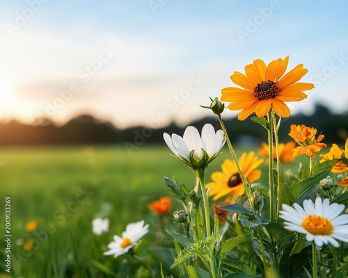 Summer sun casting soft shadows on breezy meadow full of vibrant wildflowers