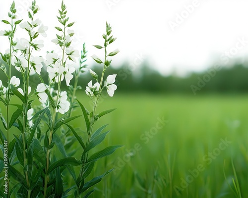 Meadow of white and yellow wildflowers swaying in breezy summer light
