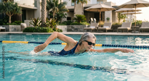 Senior Woman with Gray Hair Swimming Front Crawl in Lap Pool