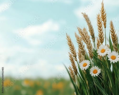 Meadow of white and yellow wildflowers swaying in breezy summer light