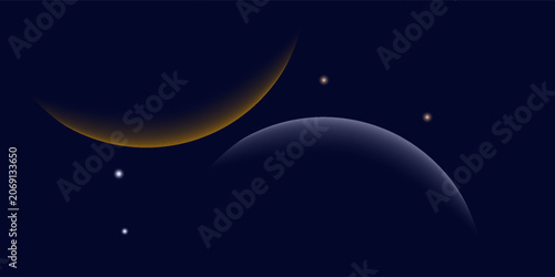Navy blue abstract background with halftone golden lines delicate pattern. Small light spot box. Curve line, cosmic galaxy space. Festive BG for social media, birthday party invitation.