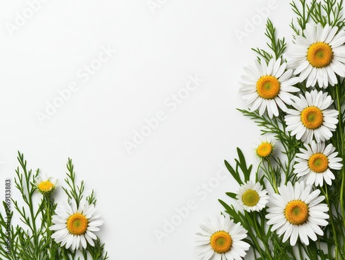 Breezy landscape of wild chamomile and sunflowers under summer sun
