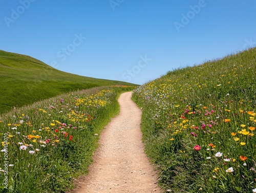 Breezy countryside trail lined with wildflowers, clear blue sky above