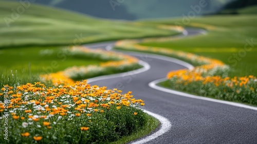 Breezy path winding through blooming summer wildflower fields