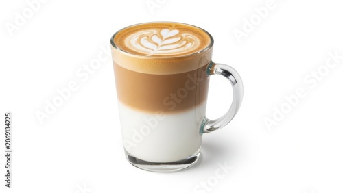 A beautifully crafted latte art in a clear glass mug on a white background.