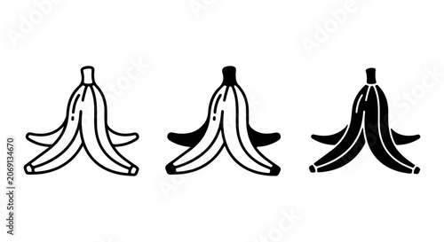 Konstfotografi Banana Peel Icons, Vector Set, Black and White Fruit Waste Graphics, Slip Hazard
