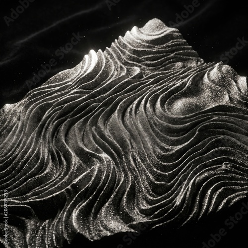 Abstract 3d render of a topographic landscape with glittery metallic texture