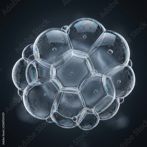 Macro shot of a cluster of soap bubbles with intricate crystalline patterns