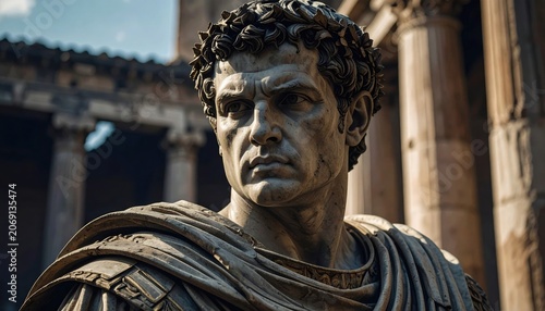 Marble statue of a Roman emperor with a stern commanding gaze wearing a laurel wreath