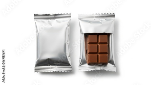 Two chocolate bars in shiny silver packaging on a white background