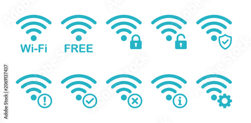 Obraz na plátně Wi fi connection status icons set with security and network settings indicators