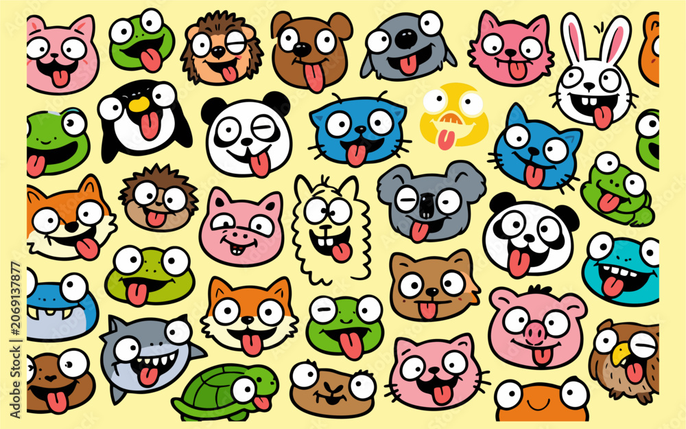 Fototapeta premium Cute kawaii style pattern illustrations featuring various colorful cartoon animal faces.