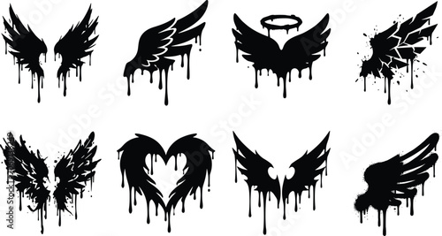 Schilderij op canvas Vector silhouettes of angelic and symbolic wings with dripping effect including