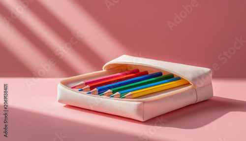 Eco Friendly Textile Pen Case with Zipper on Pink Background, Sustainable School Supplies for Back to School or Zero Waste Concept
