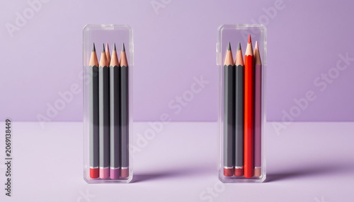 Colored Pencils in Clear Plastic Packaging on Lilac Background, School Supplies for Back to School, Gift or Stationery Concept