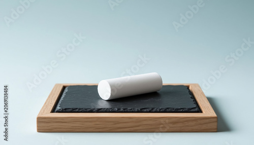 Mini Black Chalkboard with Chalk on Blue Table, Small School Supplies for Back to Class, Menu or Mockup Concept