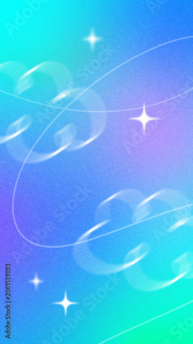 Dreamy Y2K style abstract digital gradient background for stories with blue, cyan, and purple colors. Features glowing abstract blurred clouds, stars and lines. Vertical layout.