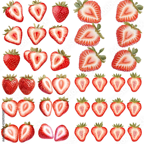 Detailed Collection of Fresh Strawberry Halves and Whole Strawberries