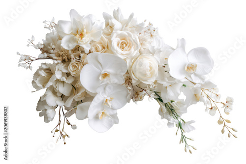 Elegant cascading white floral bouquet with orchids and roses