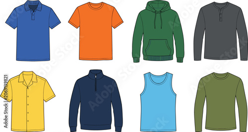 Collection of casual shirts and tops including polo, t‑shirt, hoodie, henley, button‑up, pullover, tank top, and crewneck