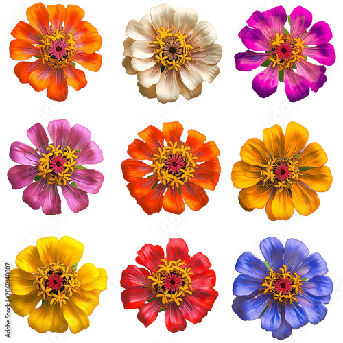 Nine Vibrant Zinnia Flowers Displaying a Spectrum of Colors and Textures