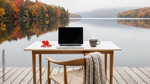Laptop on desk with lake view autumn season concept copy space