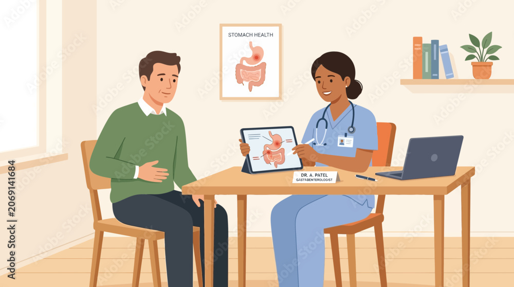 Fototapeta premium Doctor consulting patient on digestive health with intestine diagram on tablet