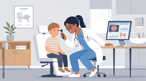 Doctor examining child's ear with otoscope in medical office