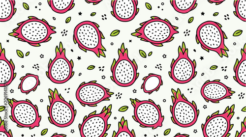 Obraz na plátne A vibrant illustration of dragon fruits and leaves scattered across a surface
