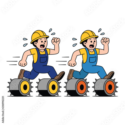 Cartoon construction worker running hazard danger with construction