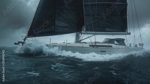 Facing breaking waves, monohull sailboat plowing stormy ocean, keeping course with dark mainsail