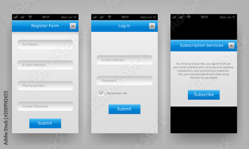 Mobile user interface kit with registration login forms and subscription screen