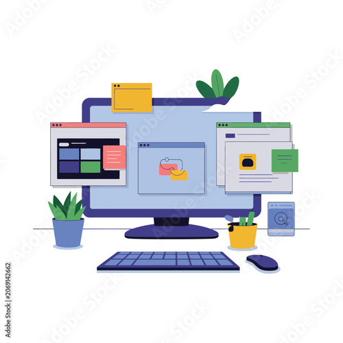 Computer desktop workspace with multiple browser and tasks, computer