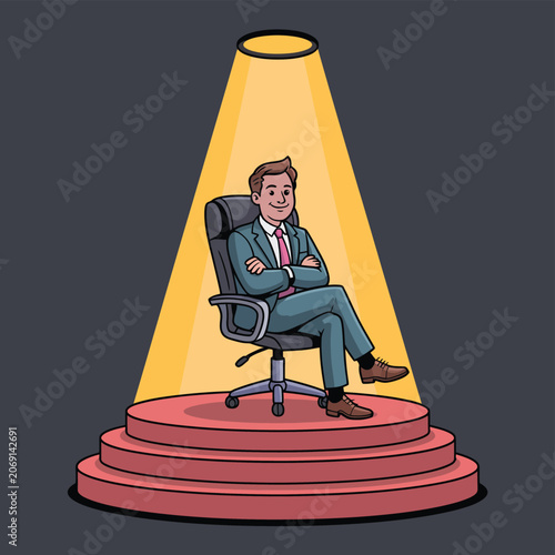Businessman sitting in office chair spotlight success concept