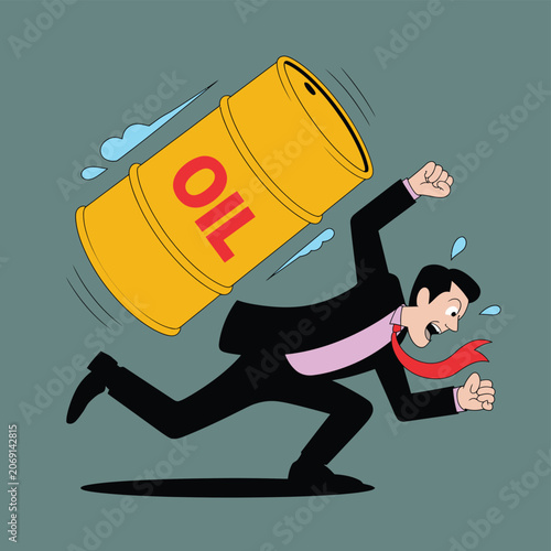 Stressed businessman running away from falling oil barrel