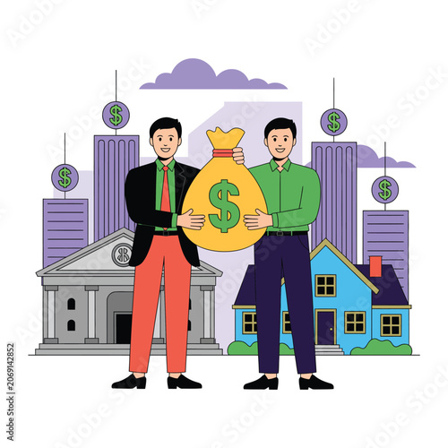 Businessmen holding money bag front of corporate building and house