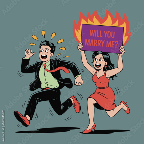 Man running away from woman proposing marriage with burning sign