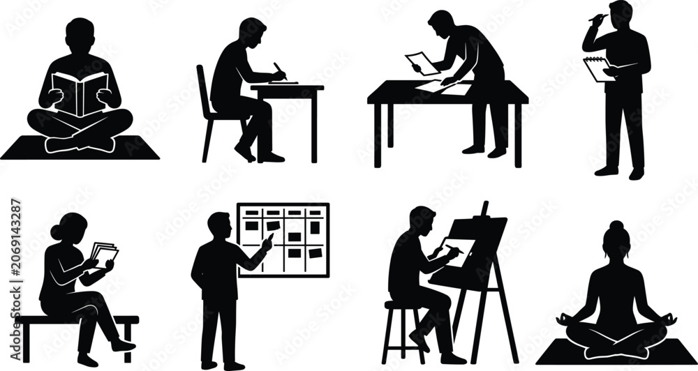 Fototapeta premium Learning and Creative Activities Silhouette Set Featuring Reading Writing Planning Drawing and Meditation