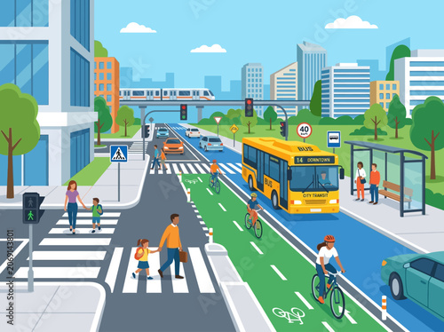 Sustainable Urban Transport Hub: City Bike Lane, Bus, Pedestrians, Train