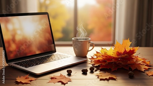 Laptop and coffee with autumn leaves on wooden table cozy day scene