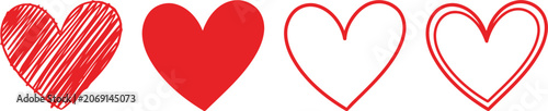Set of four different red heart shapes