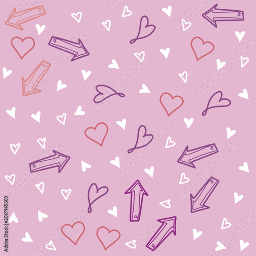 a pink background with hearts and arrows line art on purple background. Cute valentines color