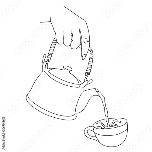 a hand hold a kettle pouring tea into a cup outline art drawing on white background