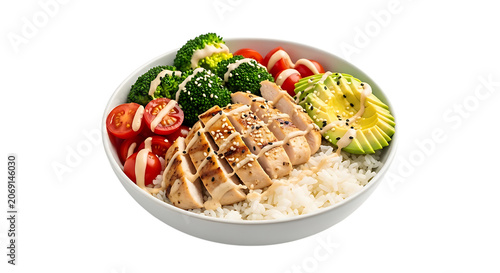 A bowl of chicken and vegetable rice bowl on a black background, vegetables broccoli