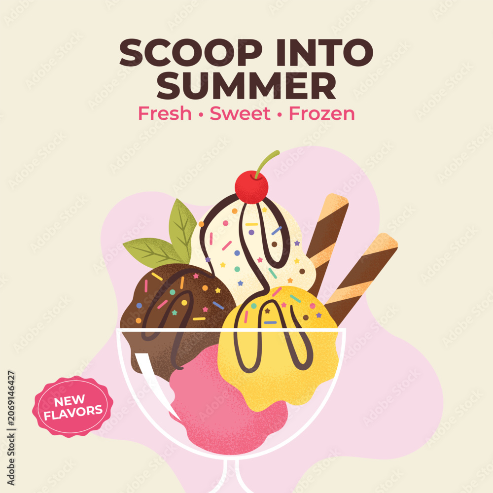 Fototapeta premium Scoop Into Summer Ice Cream Sundae Social Media Poster Vector with Colorful Frozen Dessert