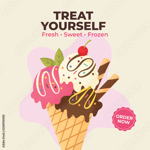 Treat Yourself Ice Cream Cone Social Media Poster Vector with Colorful Scoops and Sweet Toppings