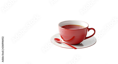 A red cup of tea on a saucer with a spoon on a black background