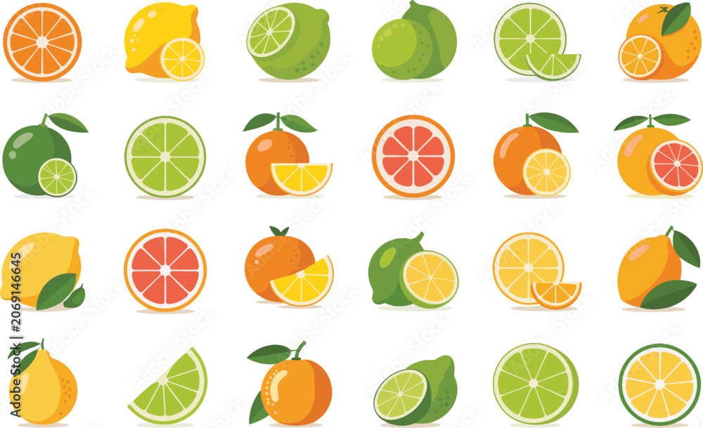 Obraz premium Fresh citrus fruit set including oranges lemons limes and grapefruits flat vector design